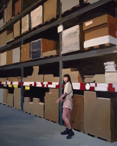 A Painting Of A Woman Standing In Front Of Stacks Of Boxes