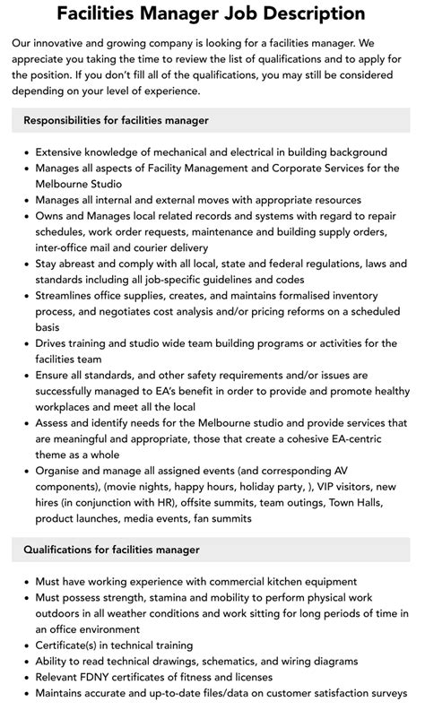 Facilities Manager Job Description Velvet Jobs