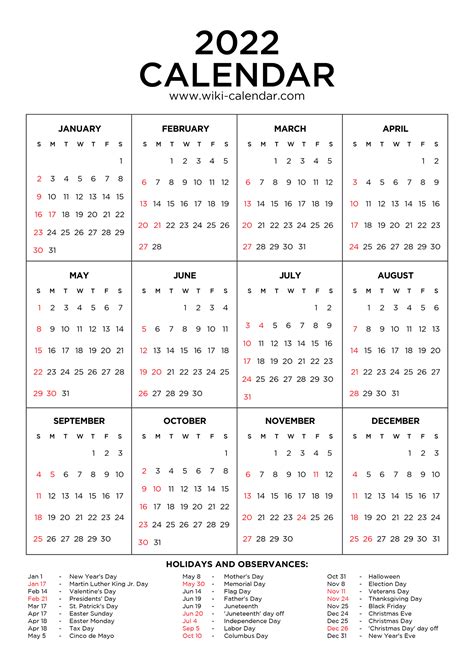 Year 2022 Calendar Printable With Holidays Wiki Calendar 2022
