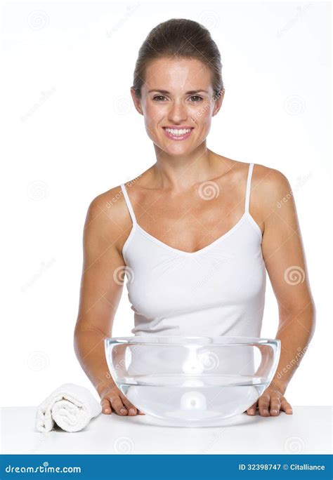 Happy Young Woman With Glass Bowl With Water Stock Image Image Of