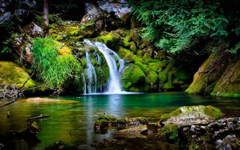 Landscape Beautiful Nature Green Tropical Waterfall Rocks Covered With