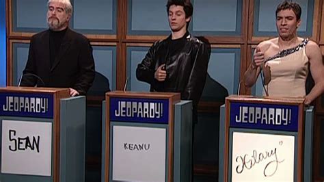 Watch Saturday Night Live Highlight Celebrity Jeopardy Hilary Swank Keanu Reeves Sean