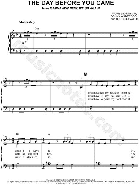 ABBA The Day Before You Came Sheet Music Easy Piano In D Minor Download Print SKU