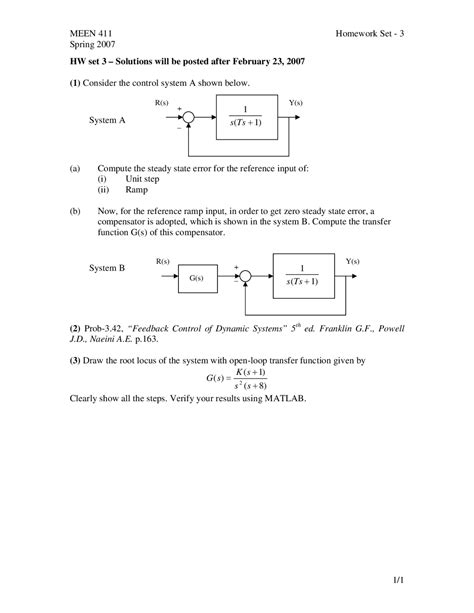 Solutions To Homework Set 3 Mechanical Controls Meen 411 Docsity