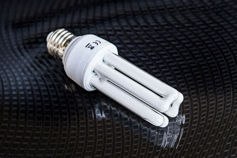 High Angle View Of The Compact Fluorescent Light Bulb On The Black