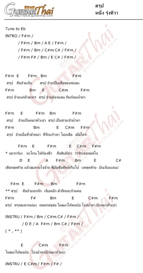 เนื้อเพลง เจ็บส่ำฟ้า เน็ค นฤพล เห็นว่าฮักส่ำฟ้า กะสิให้อ้าย เจ็บส่ำฟ้า พุ่นตี้ เจ้าจั่งพาเขามาบุกรุกพื้นที่ โดยบ่ย้านอ้าย. คอร์ด สรุป หนึ่ง รุ่งทิวา | คอร์ดเพลง กีตาร์ guitarthai.com