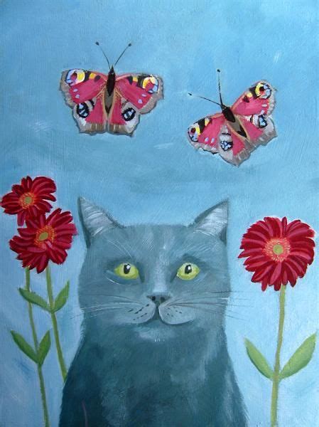 Blue With Butterflies Cat Art Illustration Cat Paint Cat Painting