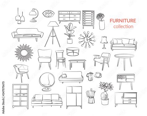 Furniture Collection Vector Interior Design Elements Outlined