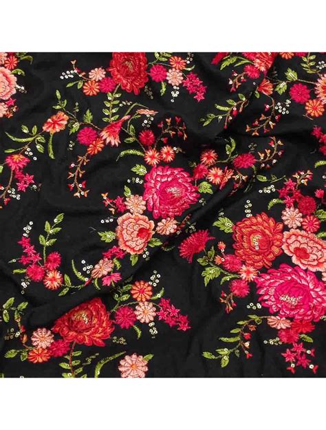 Black Double Georgette Fabric With Floral Embroidery Saroj Fabrics