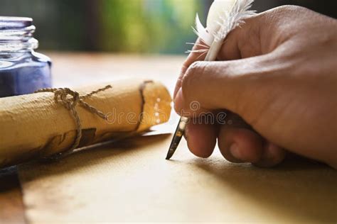 Hand Writing Using Quill Pen Stock Photo Image Of Feather Parchment