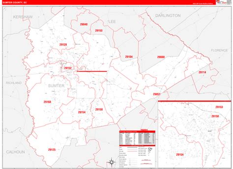 Sumter County Sc Zip Code Wall Map Red Line Style By Marketmaps Mapsales