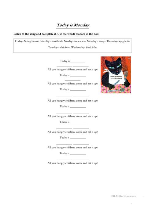 Check out numbers in spanish for more information! Today is Monday- Song worksheet - Free ESL printable ...