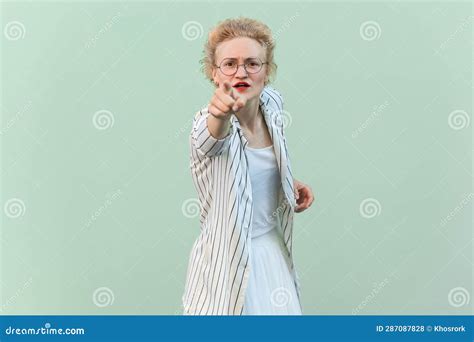 Serious Strict Blonde Woman Pointing Finger Directly At Camera Choosing You Having Bossy