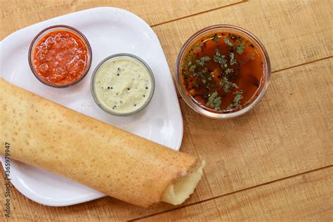 Masala Dosa South Indian Meal Served With Sambhar And Coconut Chutney