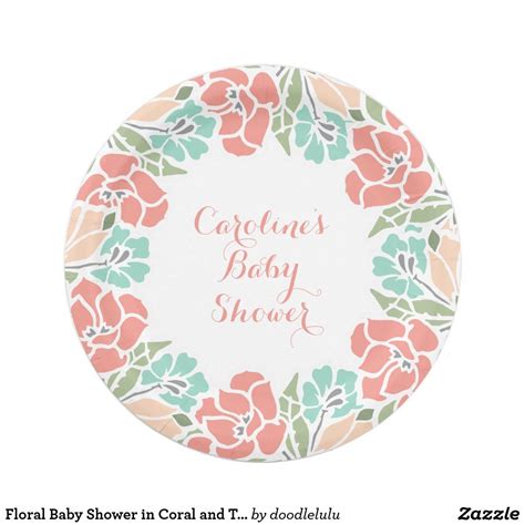 Floral Baby Shower In Coral And Teal Paper Plate Floral