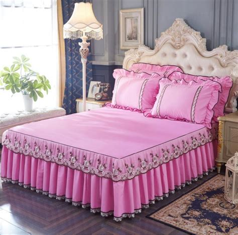 1 3pcs princess lace bedspread bed sheet pillowcases embroidered solid bed skirt pink bed cover