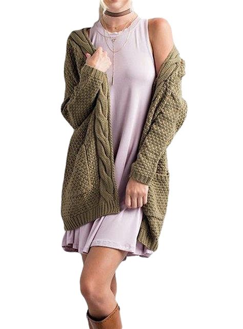 Womens Boho Long Sleeve Open Front Chunky Warm Cardigans Pointelle
