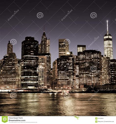 New York City Manhattan Downtown Skyline At Night Stock