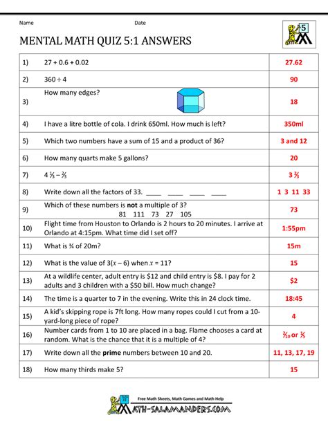 Mathematics questions and answers for class 5. Mental Math 5th Grade