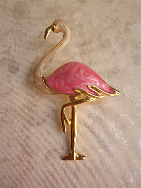 Vintage Pink Flamingo Pin 3 Inches Gold Tone And Pink Enamel