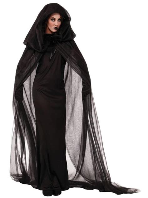 m xl women witch halloween costume black fancy evil long dress with cloak voile one color fancy