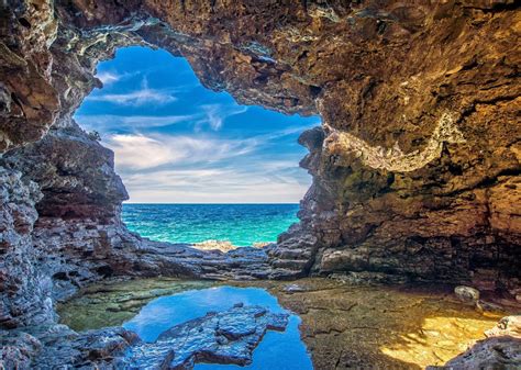 Download Horizon Sea Beach Ocean Nature Cave Hd Wallpaper