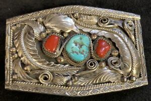 Navajo Signed Justin Morris Sterling Silver Turquoise And Coral Belt
