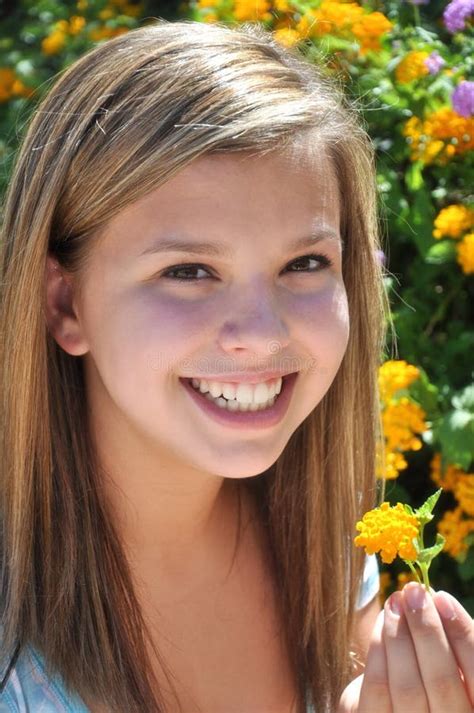 Pretty Teen Big Smile Next To Flower Garden Stock Photos Free