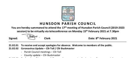 Hunsdon Parish Council Meeting Agenda February 15 2021 Hunsdon