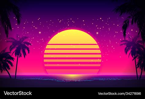 retro 80s style tropical sunset with palm tree vector image