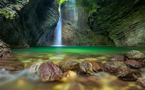 Pond Waterfall Green Water Rocky Coast Brown Nature