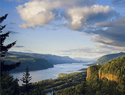 Columbia River Gorge Forest Water Tower Trees Clouds Sky