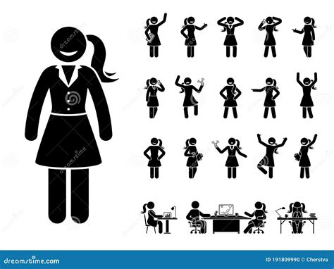 Stick Figure Office Woman Poses Emotions Face Design Vector Icon Set