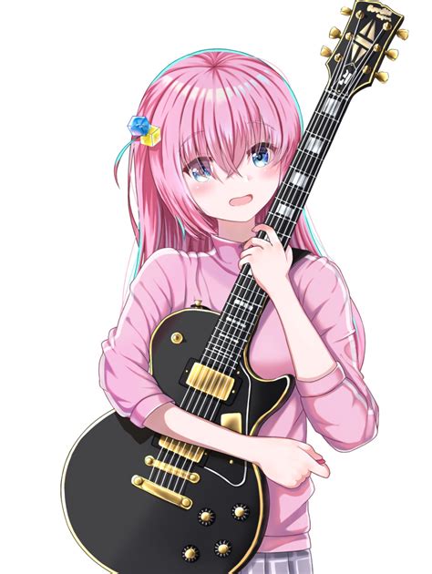 safebooru 1girl blue eyes blush bocchi the rock commentary request electric guitar gibson les