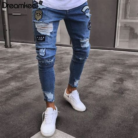 Fashion Streetwear Man Pants Jeans Men Jeans Vintage Destroyed Ripped Elastic Zipper Jeans Pants