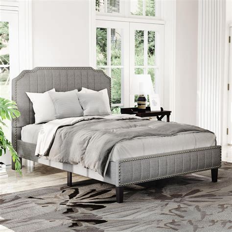 Full Size Upholstered Platform Bed Frame With Headboard Modern Linen Curved Wood Bed With