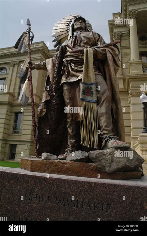 Grey Sky Portrait Bronze Statue Chief Washakie Standing Named Plinth