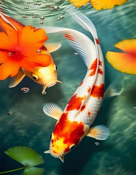 Two Orange And White Koi Fish Swimming Next To Each Other