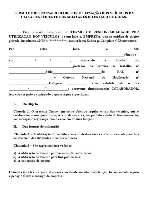 Termo De Responsabilidade Uso Do Veículo Pdf Tráfego