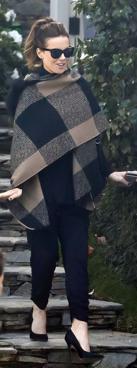 Who Made Kate Beckinsales Tan Plaid Hooded Wrap Black Pumps And