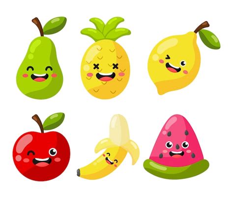 Conjunto De Desenhos Animados Frutas Tropicais Caracteres Estilo Kawaii