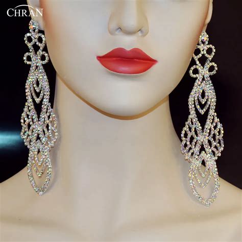 Chran Vintage Ab Rhinestone Silver Plated Ultra Long Earrings For Women Wedding Jewelry Shining