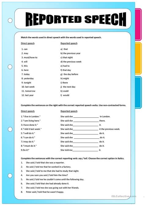 Reported Speech Exercises English Esl Worksheets For Distance Learning And Physical