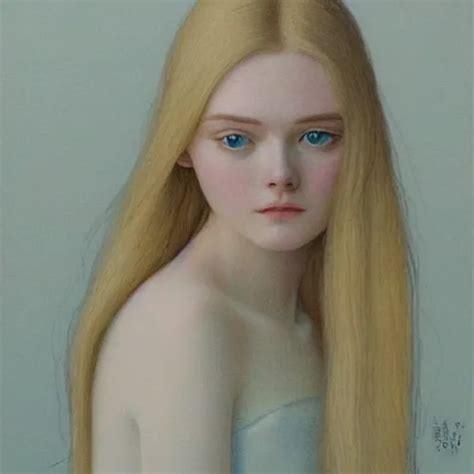 Krea Painting Of Elle Fanning Dreaming Long Blonde Hair Delicate