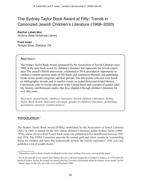 Pdf The Sydney Taylor Book Award At Fifty Trends In Canonized Jewish