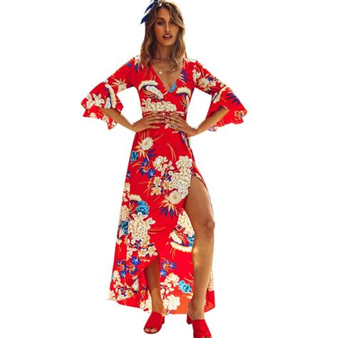2018 Summer Women Long Maxi Dresses 2018 Floral Printed Flare Sleeve Boho Beach Dress Sexy Deep