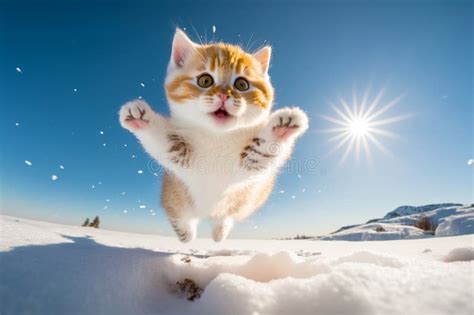Cat Jumping Up Into The Air In The Snow With Its Paws In The Air
