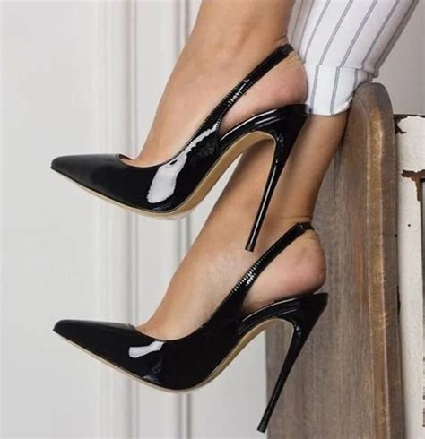 Sexy Black Patent Leather Pointy Toe Slingback Pumps 12CM Stiletto High