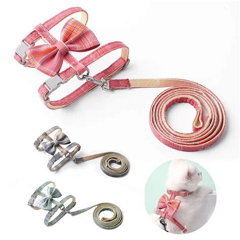 Cat Harness And Leash Set Escape Proof Adjustable Soft Polyester H Shape Harness With Bowknot