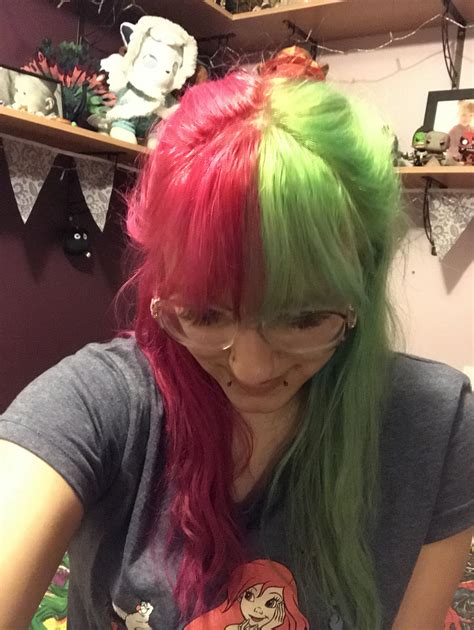 Half Pink Half Green Hair Dyed With Directions Cute Hair Colors Hair Color Pink Hair Inspo